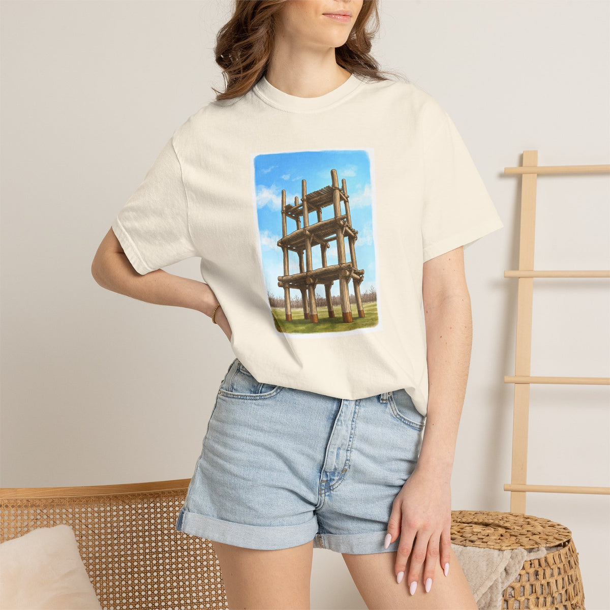 三内丸山遺跡 Tシャツ｜大型掘立柱建物｜縄文文化デザイン｜ユニセックス コットンTシャツ