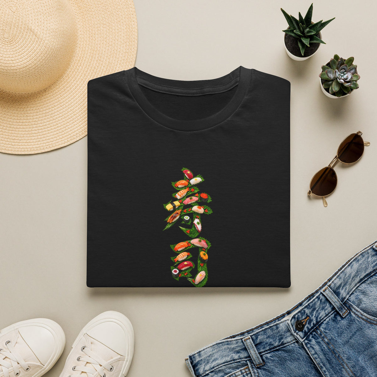 寿司 Sushi Kanji Art T-Shirt | Japanese Sushi & Shiso Leaf Design