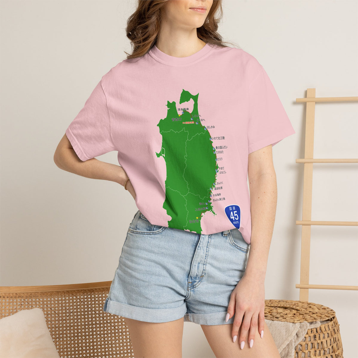 国道４５号線 仙台～青森ルートマップ Tシャツ｜震災復興｜ユニセックス コットンTシャツ