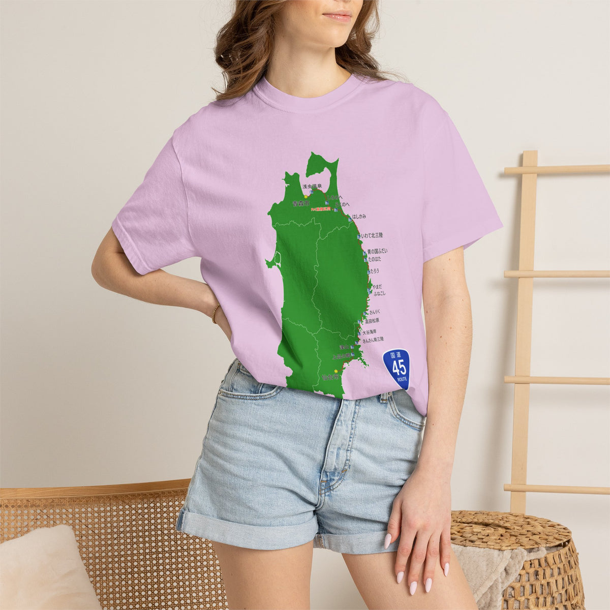 国道４５号線 仙台～青森ルートマップ Tシャツ｜震災復興｜ユニセックス コットンTシャツ