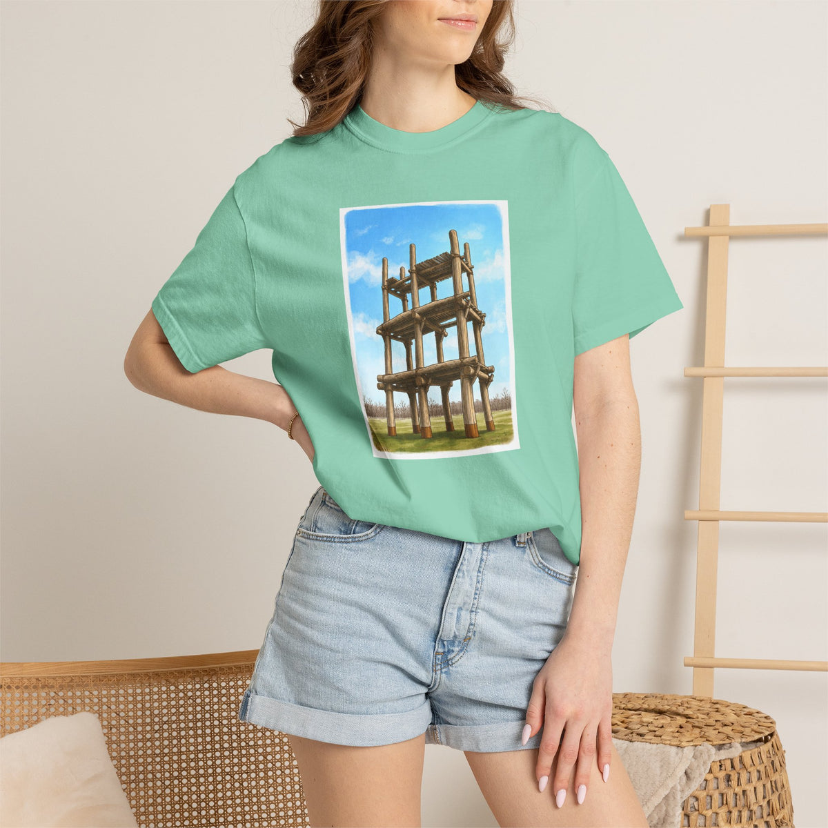 三内丸山遺跡 Tシャツ｜大型掘立柱建物｜縄文文化デザイン｜ユニセックス コットンTシャツ