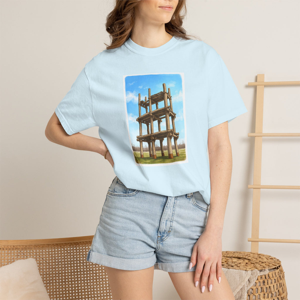 三内丸山遺跡 Tシャツ｜大型掘立柱建物｜縄文文化デザイン｜ユニセックス コットンTシャツ