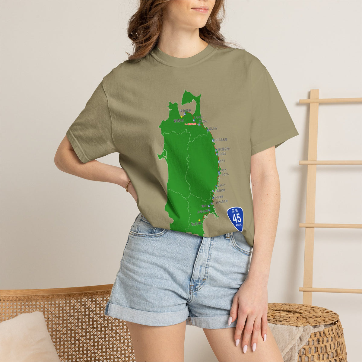 国道４５号線 仙台～青森ルートマップ Tシャツ｜震災復興｜ユニセックス コットンTシャツ