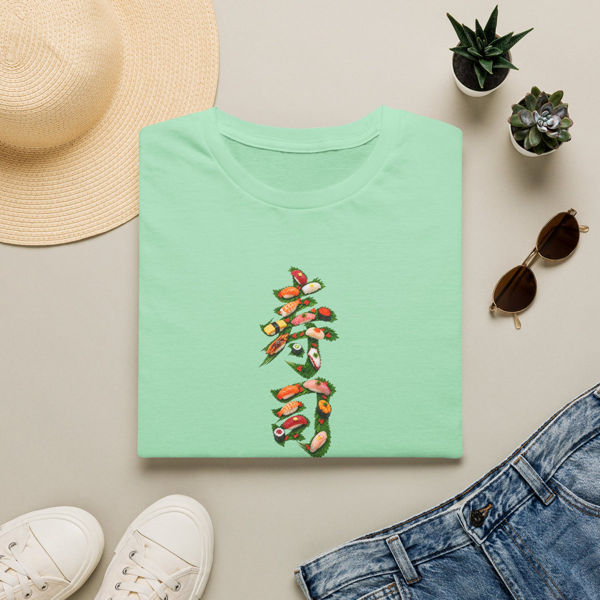 寿司 Sushi Kanji Art T-Shirt | Japanese Sushi & Shiso Leaf Design
