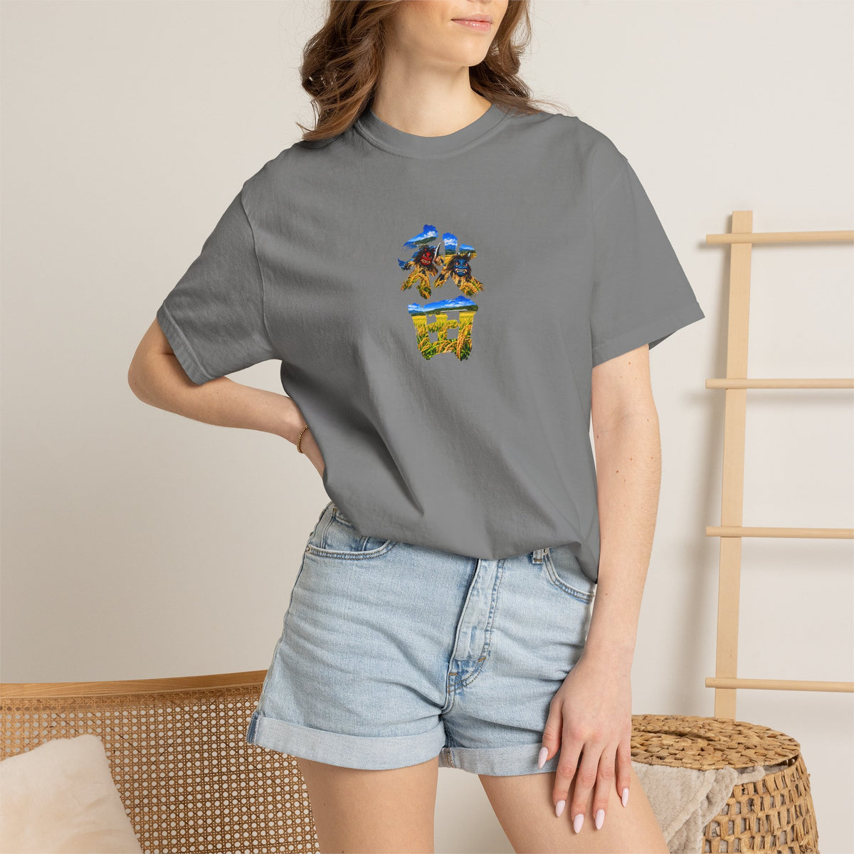 秋田　なまはげ　と　稲穂　毛筆Tシャツ｜男鹿半島・田んぼ風景デザイン