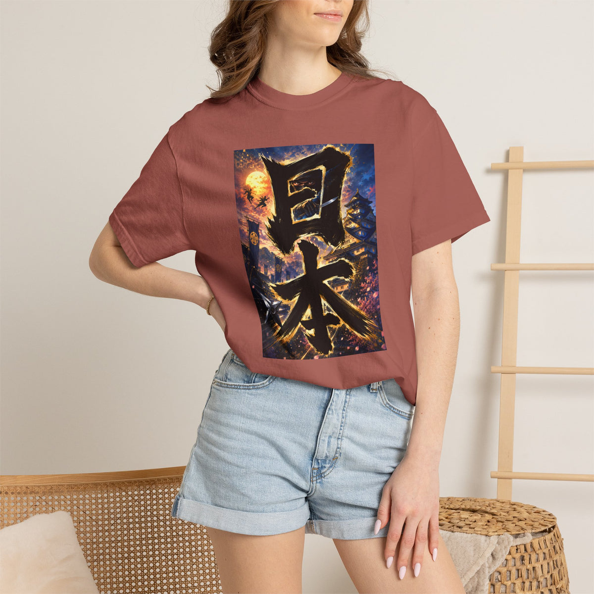 日本 書道・忍者・城デザイン Tシャツ｜和風アート｜ユニセックス コットンTシャツ