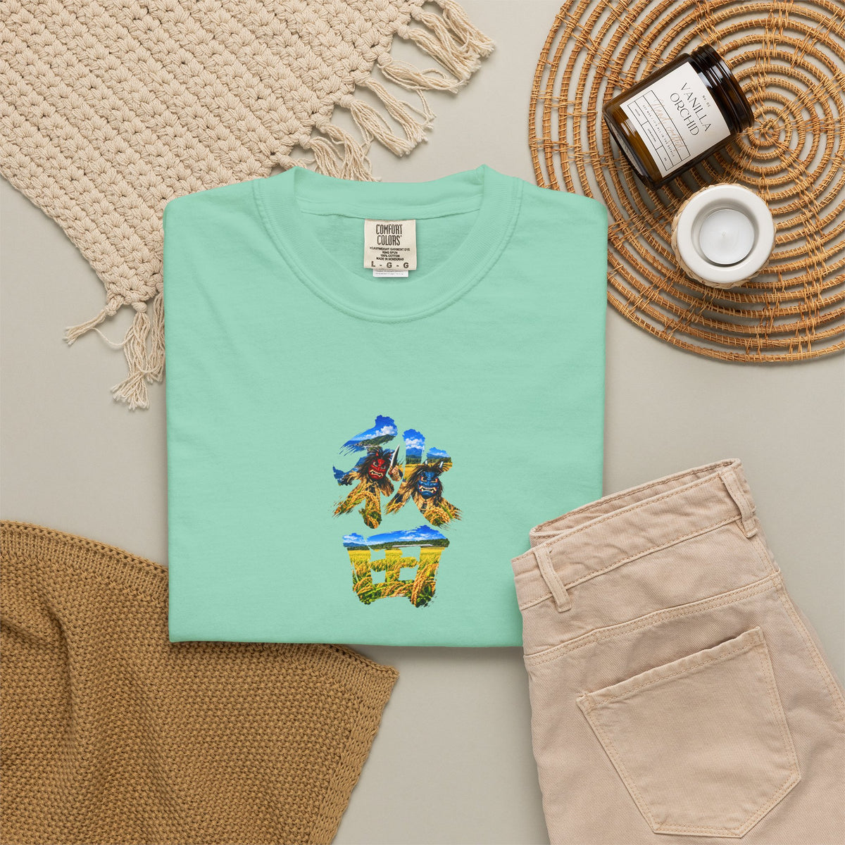 秋田　なまはげ　と　稲穂　毛筆Tシャツ｜男鹿半島・田んぼ風景デザイン