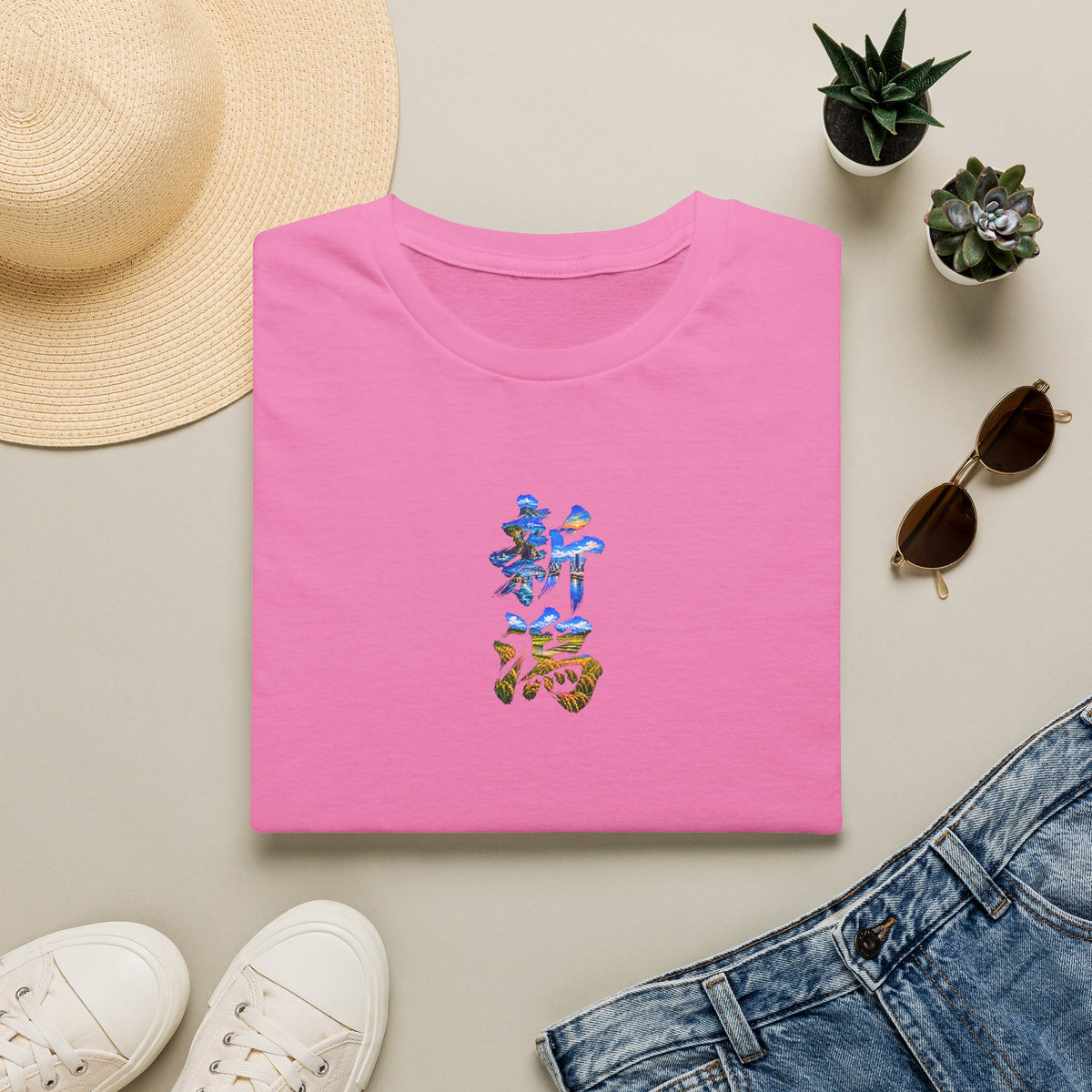 新潟 Tシャツ｜佐渡島・日本海・信濃川・水田・稲穂を描いた毛筆漢字デザイン