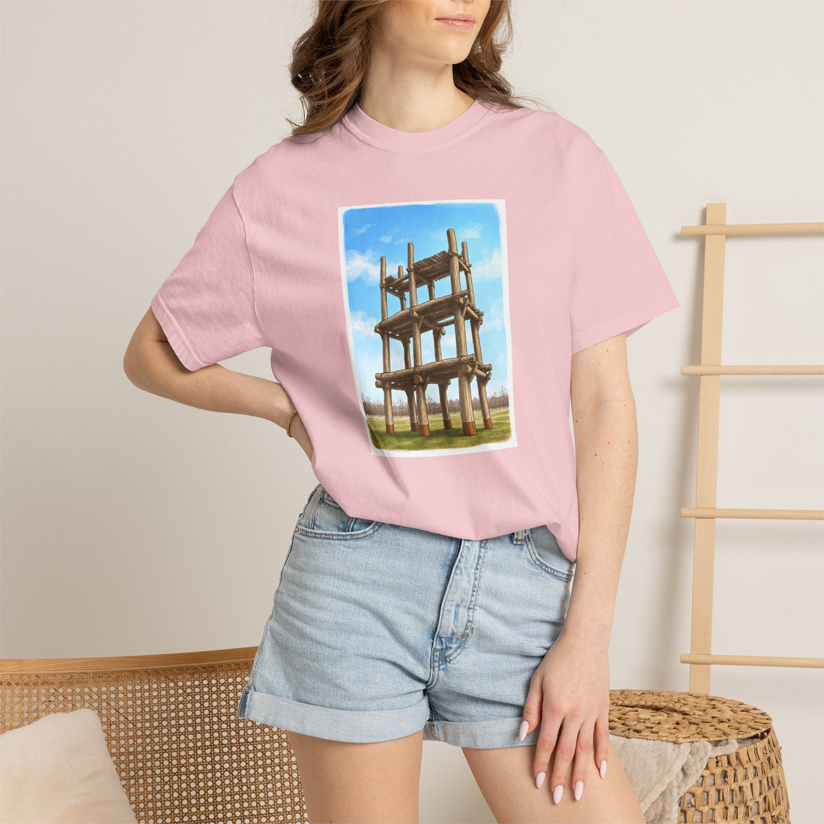 三内丸山遺跡 Tシャツ｜大型掘立柱建物｜縄文文化デザイン｜ユニセックス コットンTシャツ