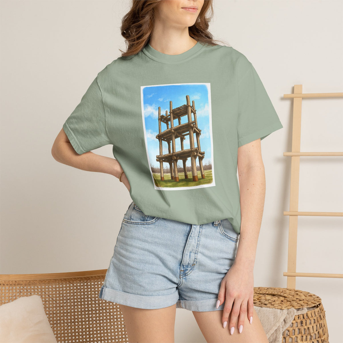 三内丸山遺跡 Tシャツ｜大型掘立柱建物｜縄文文化デザイン｜ユニセックス コットンTシャツ