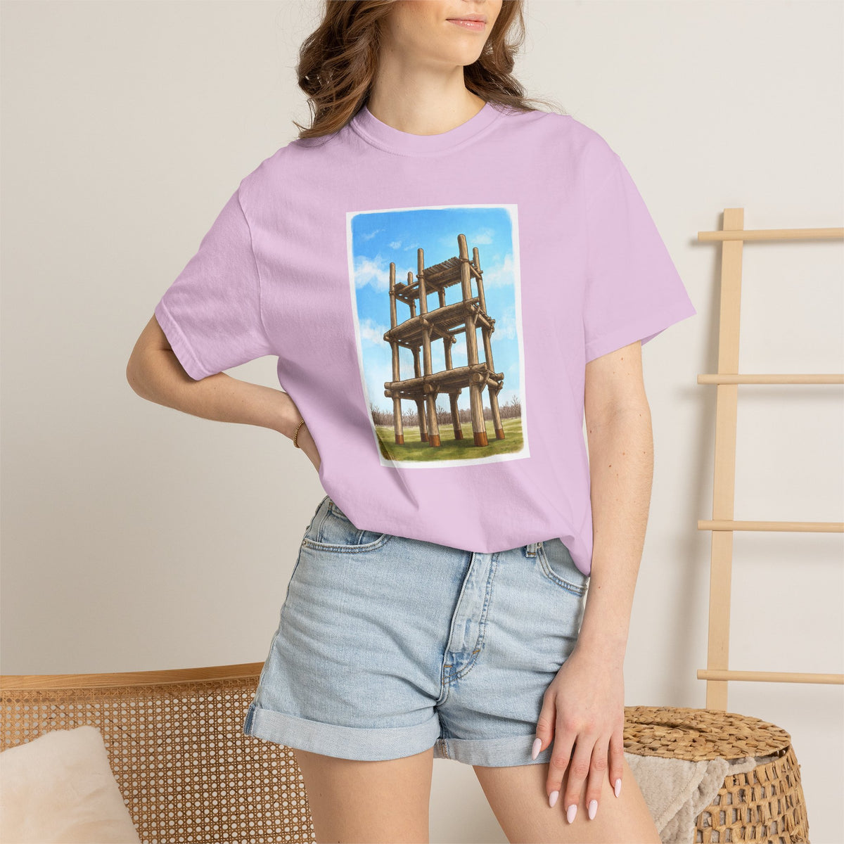 三内丸山遺跡 Tシャツ｜大型掘立柱建物｜縄文文化デザイン｜ユニセックス コットンTシャツ