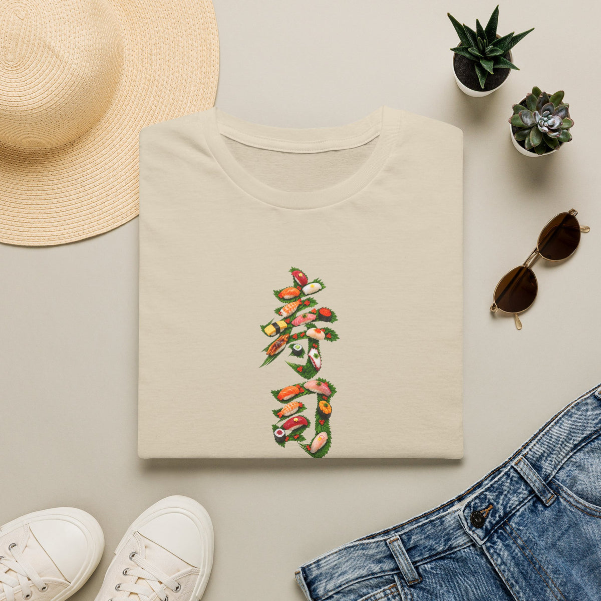 寿司 Sushi Kanji Art T-Shirt | Japanese Sushi & Shiso Leaf Design