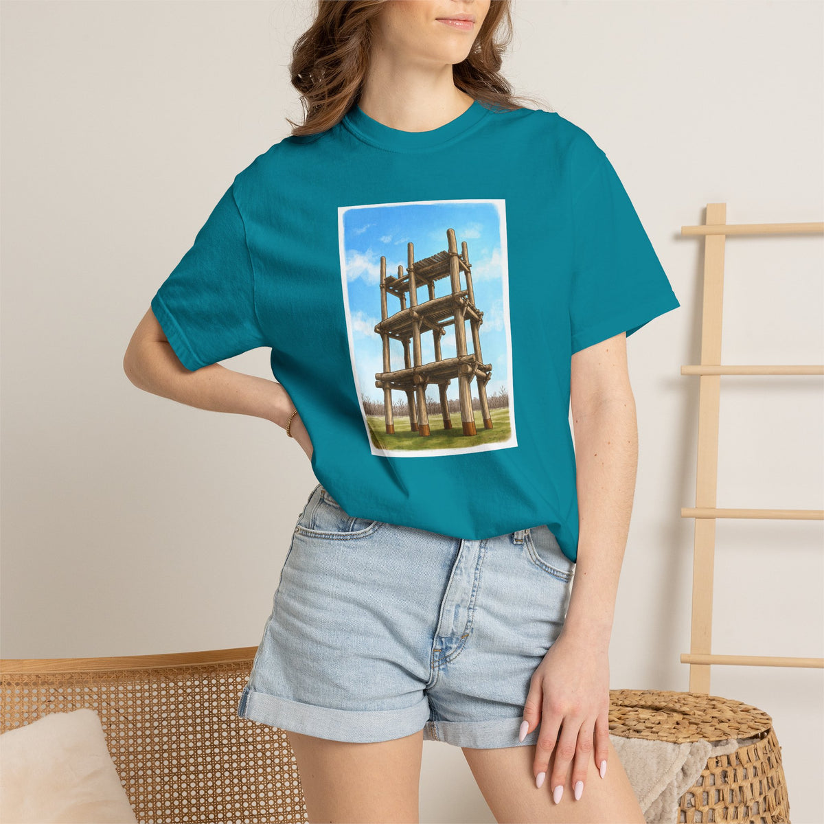 三内丸山遺跡 Tシャツ｜大型掘立柱建物｜縄文文化デザイン｜ユニセックス コットンTシャツ