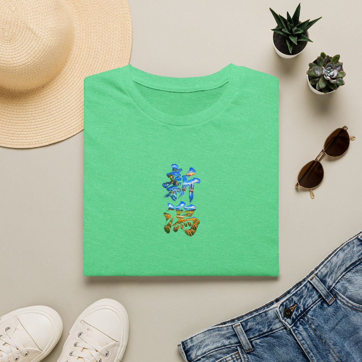 新潟 Tシャツ｜佐渡島・日本海・信濃川・水田・稲穂を描いた毛筆漢字デザイン