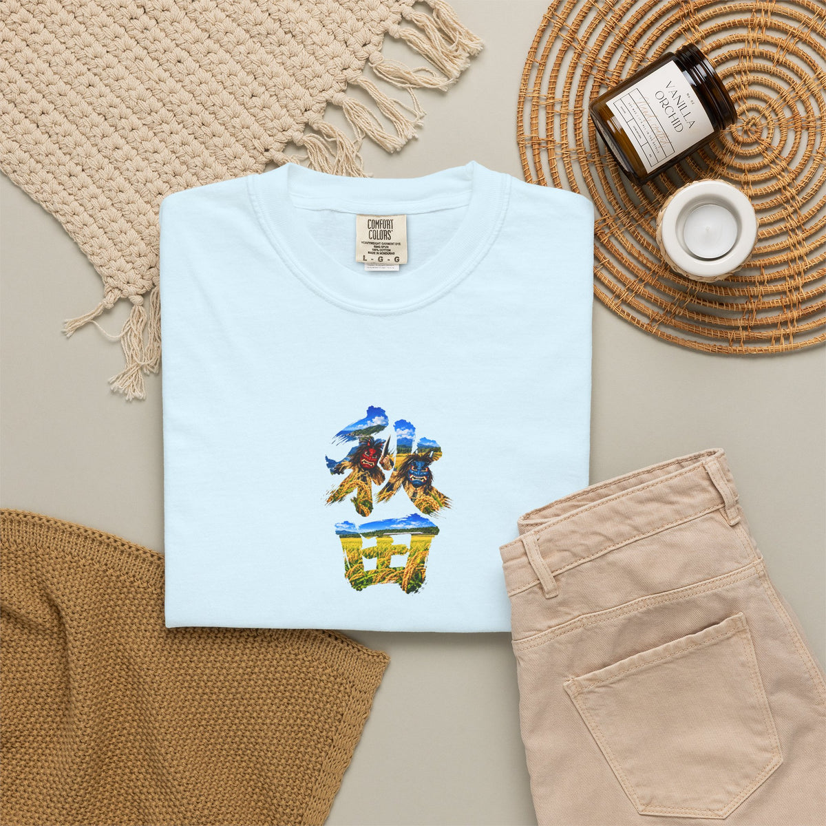 秋田　なまはげ　と　稲穂　毛筆Tシャツ｜男鹿半島・田んぼ風景デザイン