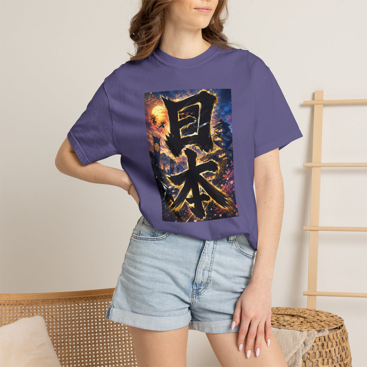 日本 書道・忍者・城デザイン Tシャツ｜和風アート｜ユニセックス コットンTシャツ