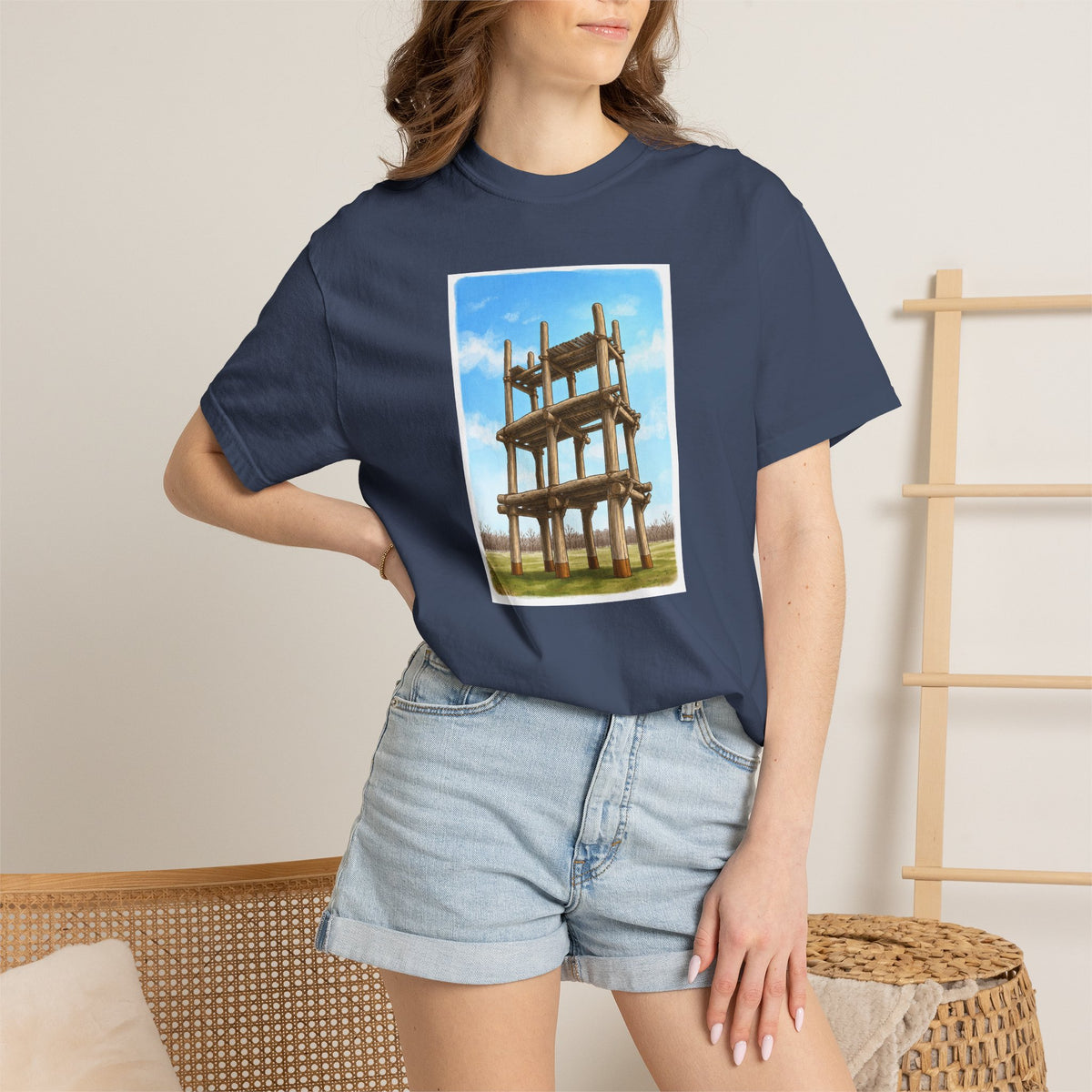 三内丸山遺跡 Tシャツ｜大型掘立柱建物｜縄文文化デザイン｜ユニセックス コットンTシャツ