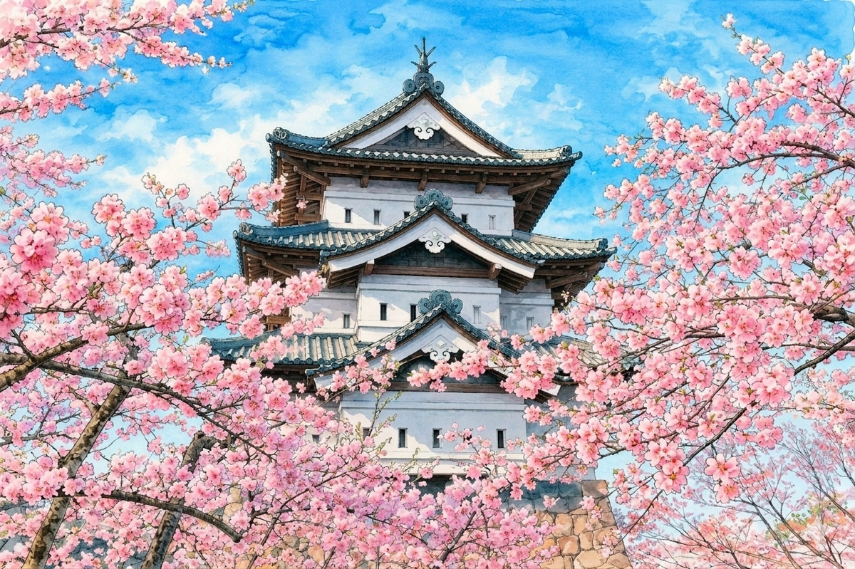 弘前城と桜 Tシャツ｜日本の春風景｜ユニセックス コットンTシャツ