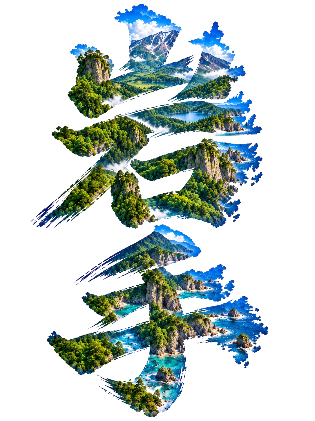 岩手の自然を描く毛筆Tシャツ｜三陸リアス海岸・山・森林デザイン