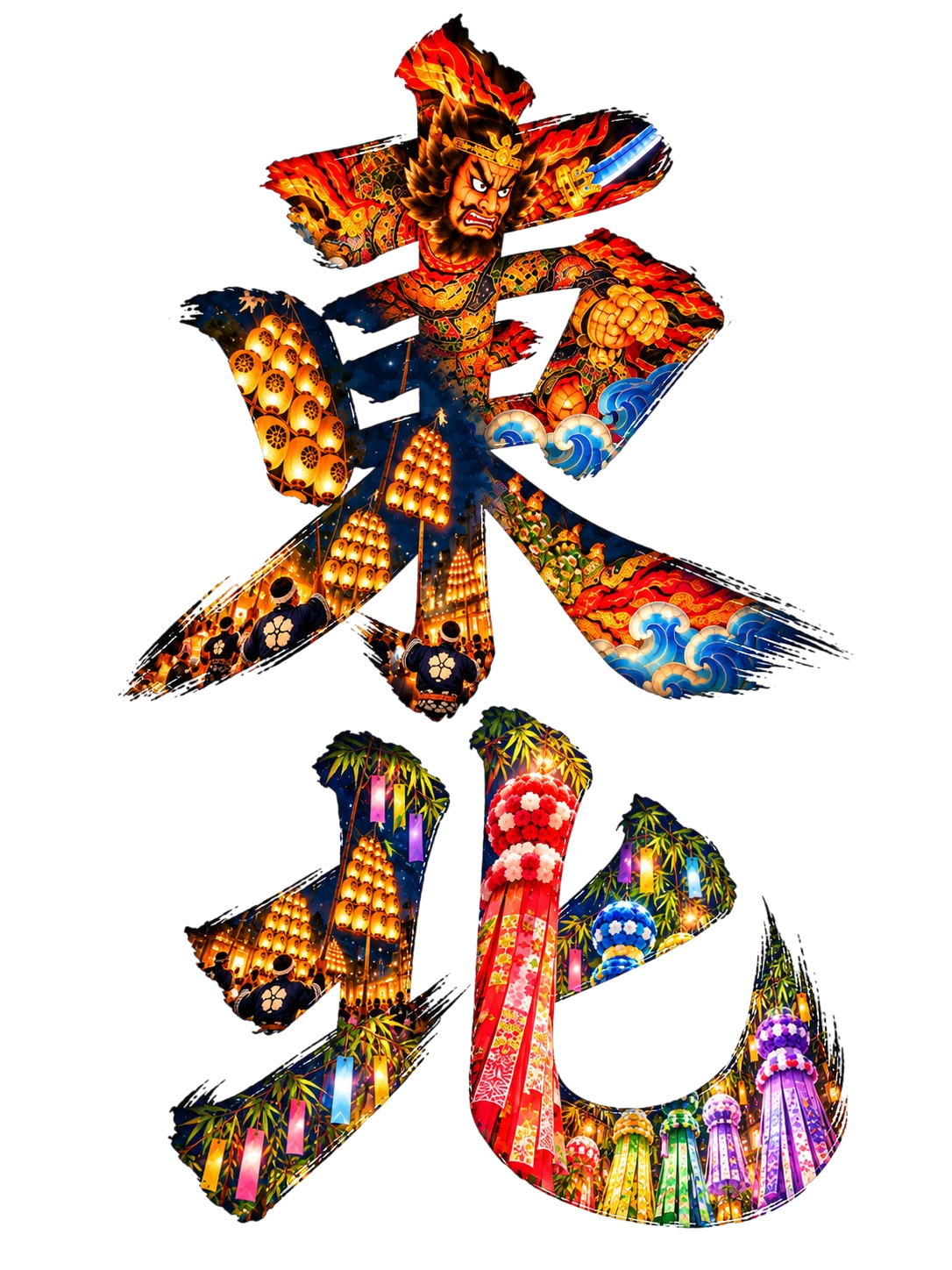 東北三大祭り Tシャツ｜青森ねぶた・秋田竿燈・仙台七夕 毛筆漢字デザイン