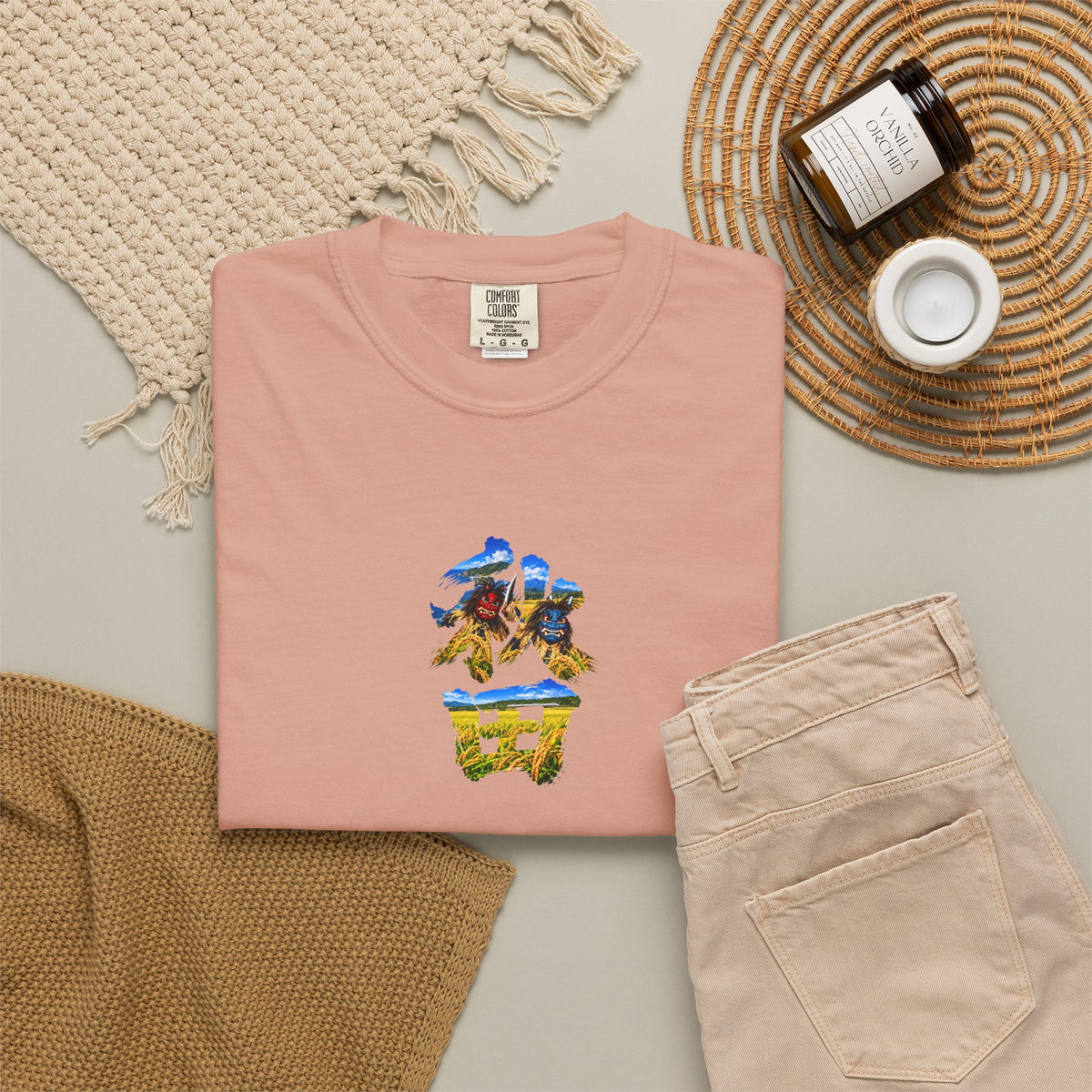 秋田　なまはげ　と　稲穂　毛筆Tシャツ｜男鹿半島・田んぼ風景デザイン