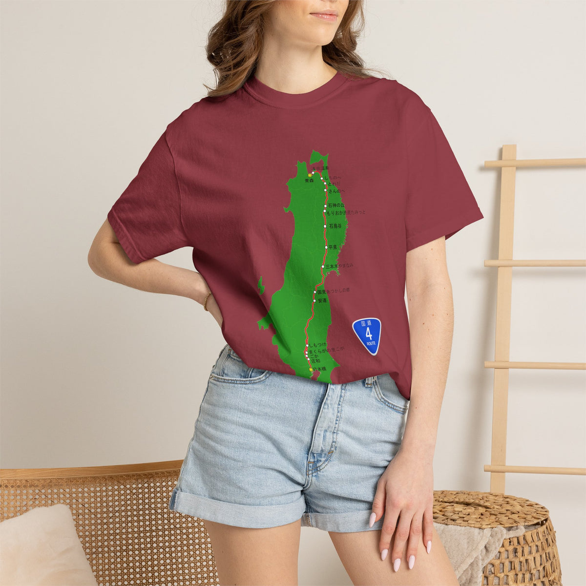国道4号線 日本橋～青森ルートマップ Tシャツ｜ユニセックス コットンTシャツ