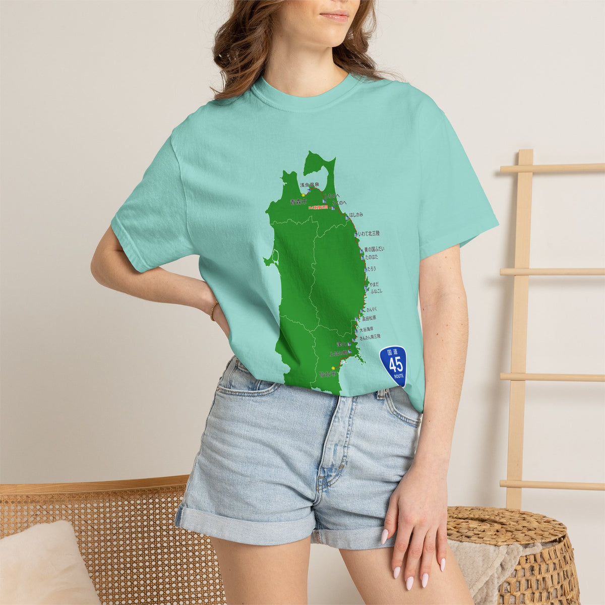 国道４５号線 仙台～青森ルートマップ Tシャツ｜震災復興｜ユニセックス コットンTシャツ