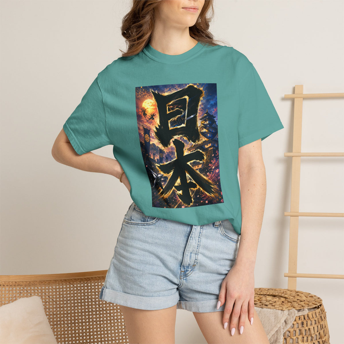 日本 書道・忍者・城デザイン Tシャツ｜和風アート｜ユニセックス コットンTシャツ
