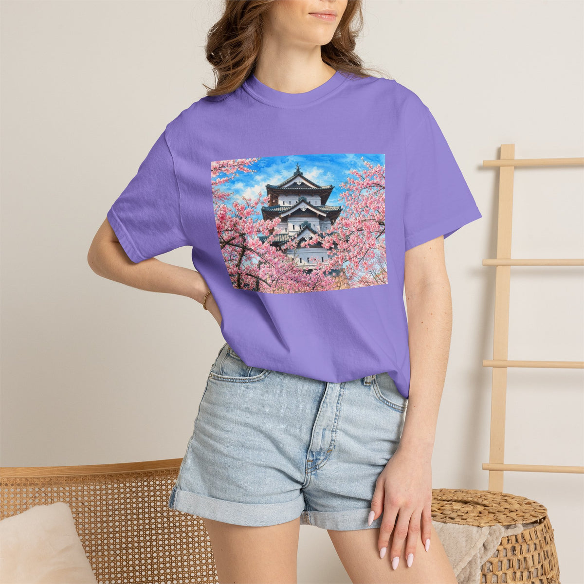 弘前城と桜 Tシャツ｜日本の春風景｜ユニセックス コットンTシャツ