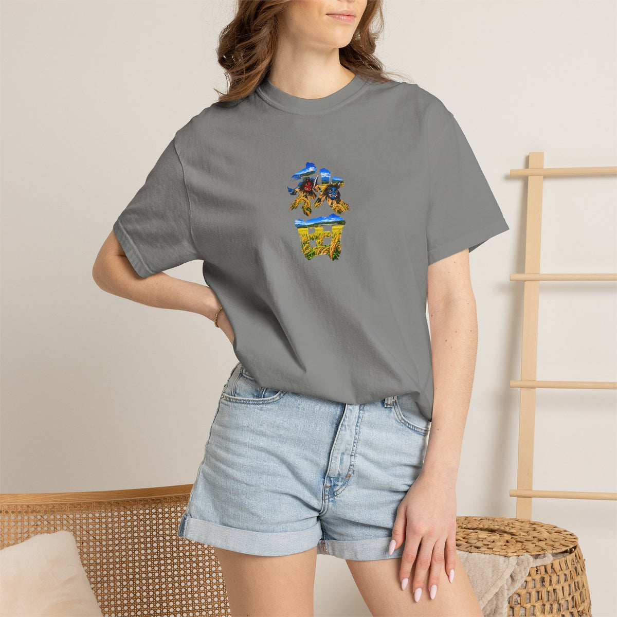 秋田 Akita Kanji Art T-Shirt | Namahage, Oga Peninsula & Rice Field Design