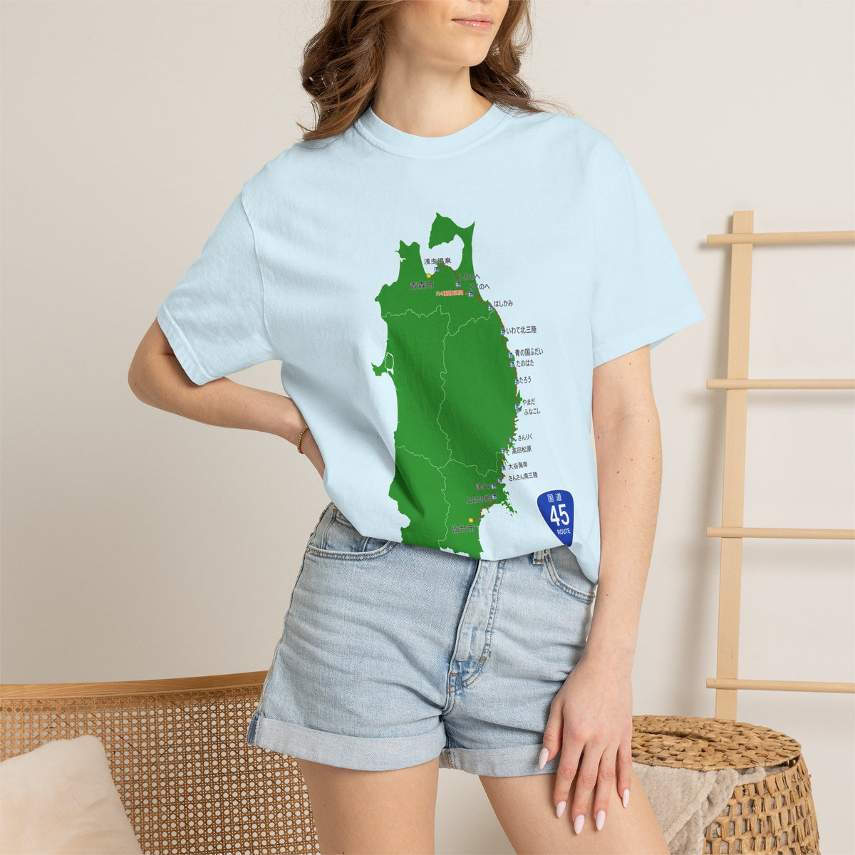 国道４５号線 仙台～青森ルートマップ Tシャツ｜震災復興｜ユニセックス コットンTシャツ