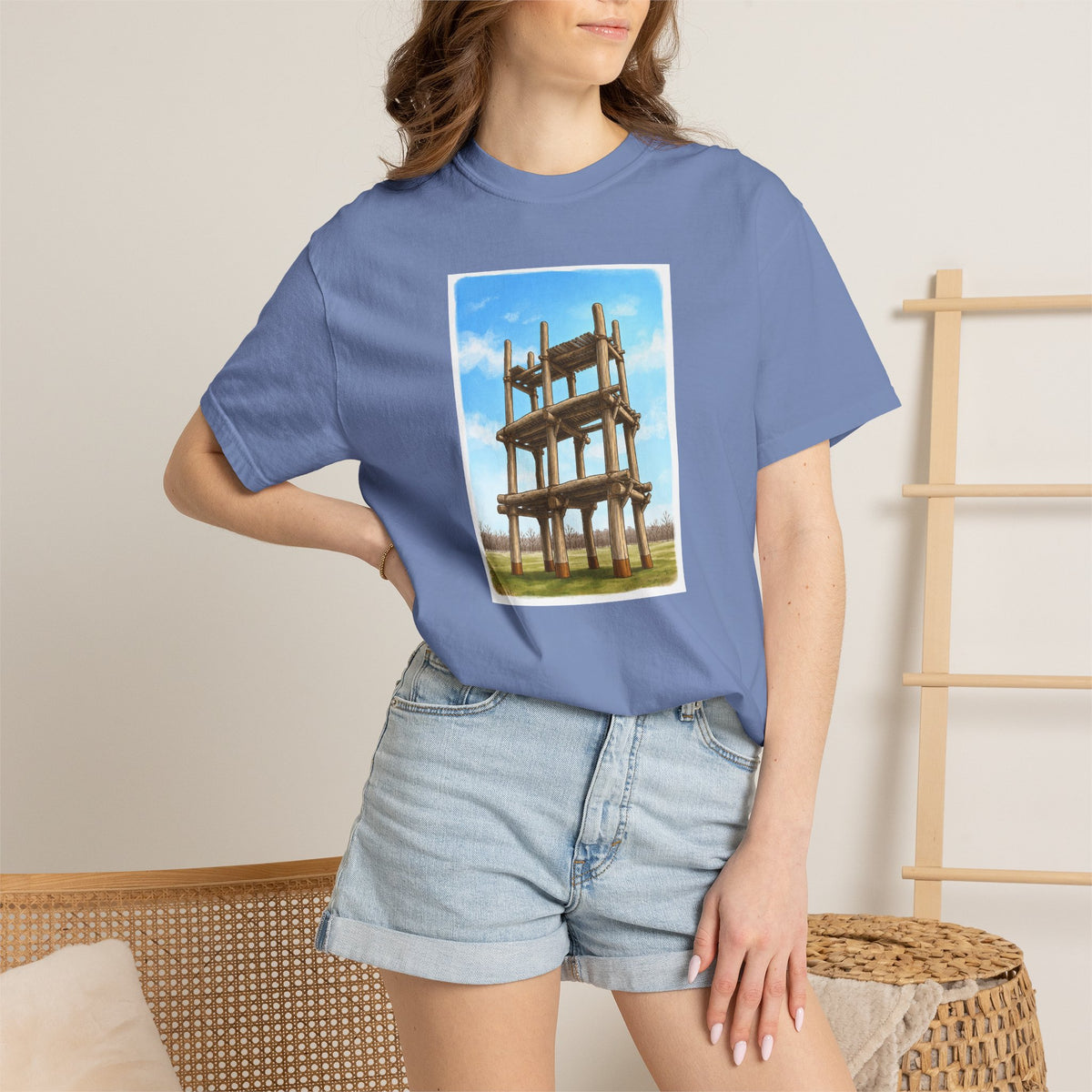 三内丸山遺跡 Tシャツ｜大型掘立柱建物｜縄文文化デザイン｜ユニセックス コットンTシャツ