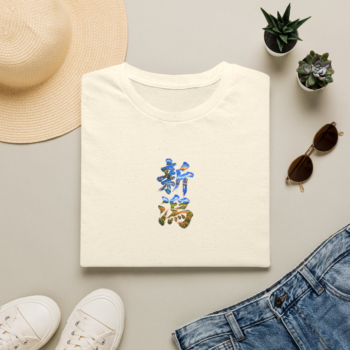 新潟 Tシャツ｜佐渡島・日本海・信濃川・水田・稲穂を描いた毛筆漢字デザイン