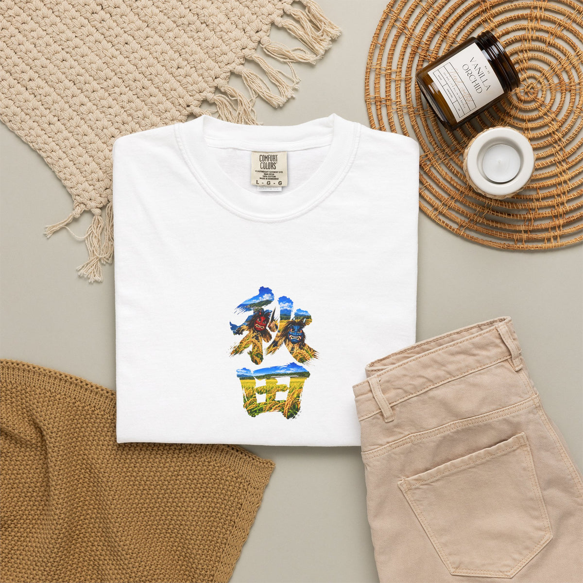 秋田　なまはげ　と　稲穂　毛筆Tシャツ｜男鹿半島・田んぼ風景デザイン