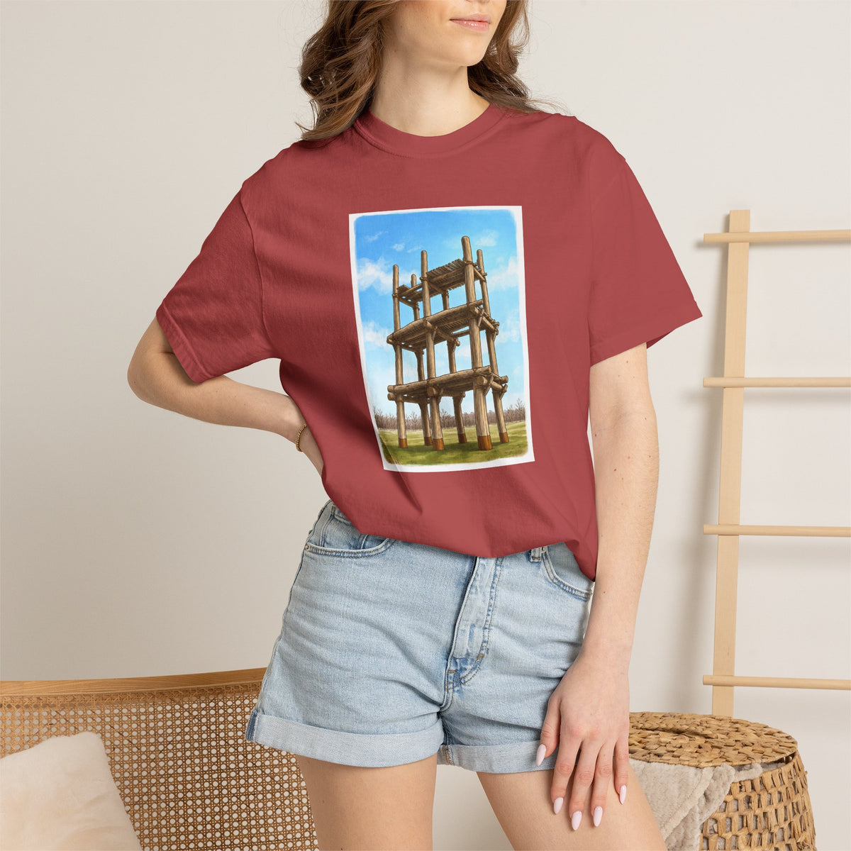 三内丸山遺跡 Tシャツ｜大型掘立柱建物｜縄文文化デザイン｜ユニセックス コットンTシャツ