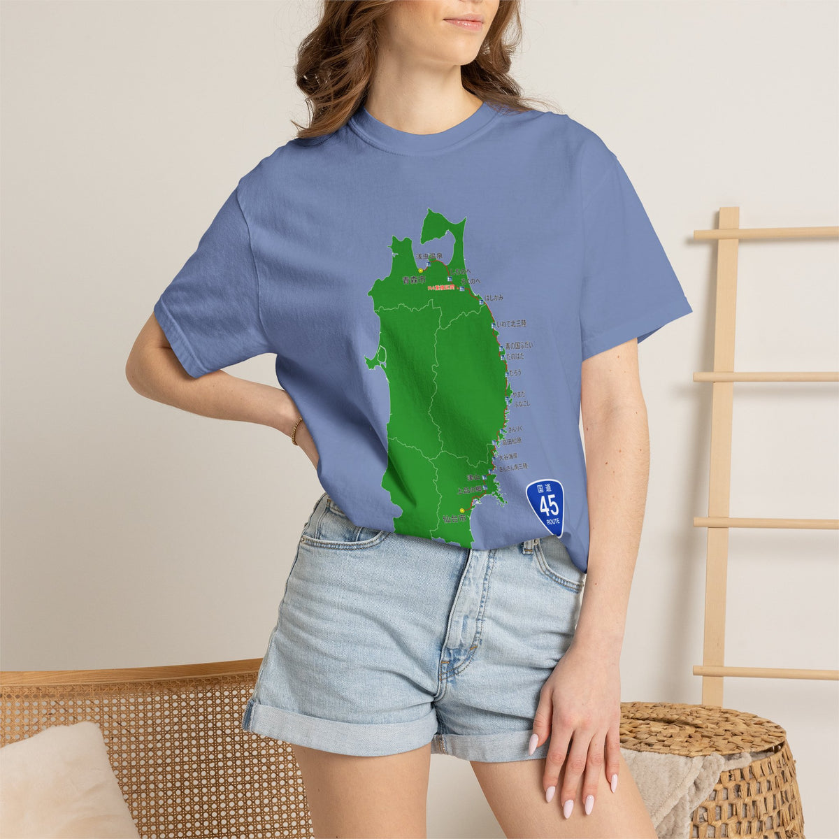 国道４５号線 仙台～青森ルートマップ Tシャツ｜震災復興｜ユニセックス コットンTシャツ