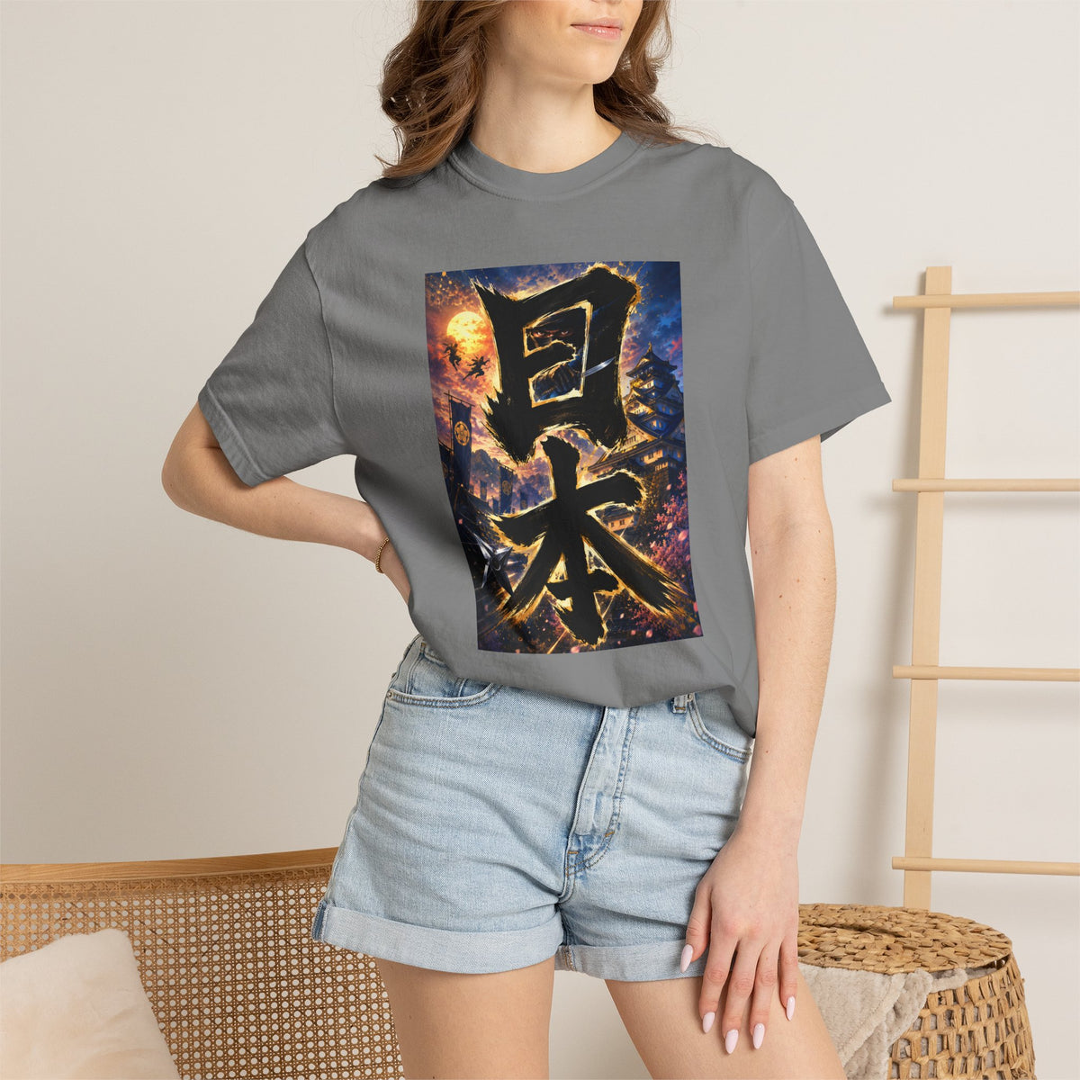日本 書道・忍者・城デザイン Tシャツ｜和風アート｜ユニセックス コットンTシャツ