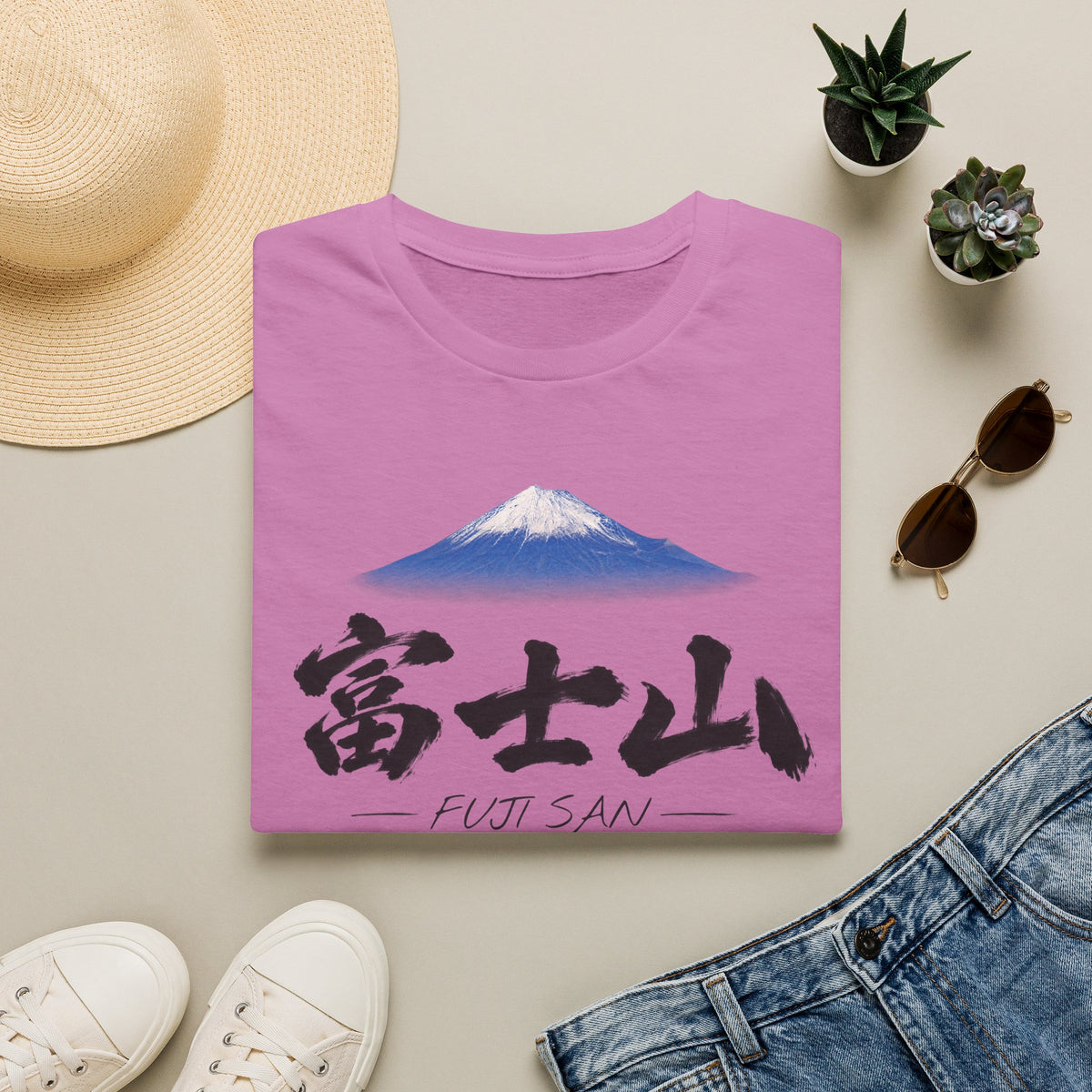 富士山 Tシャツ ― 日本、三保の松原から望む富士・毛筆漢字「富士山」FUJI SAN