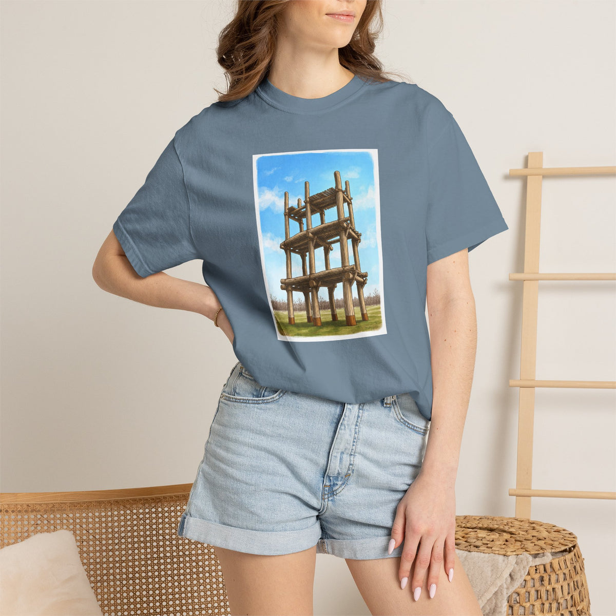 三内丸山遺跡 Tシャツ｜大型掘立柱建物｜縄文文化デザイン｜ユニセックス コットンTシャツ