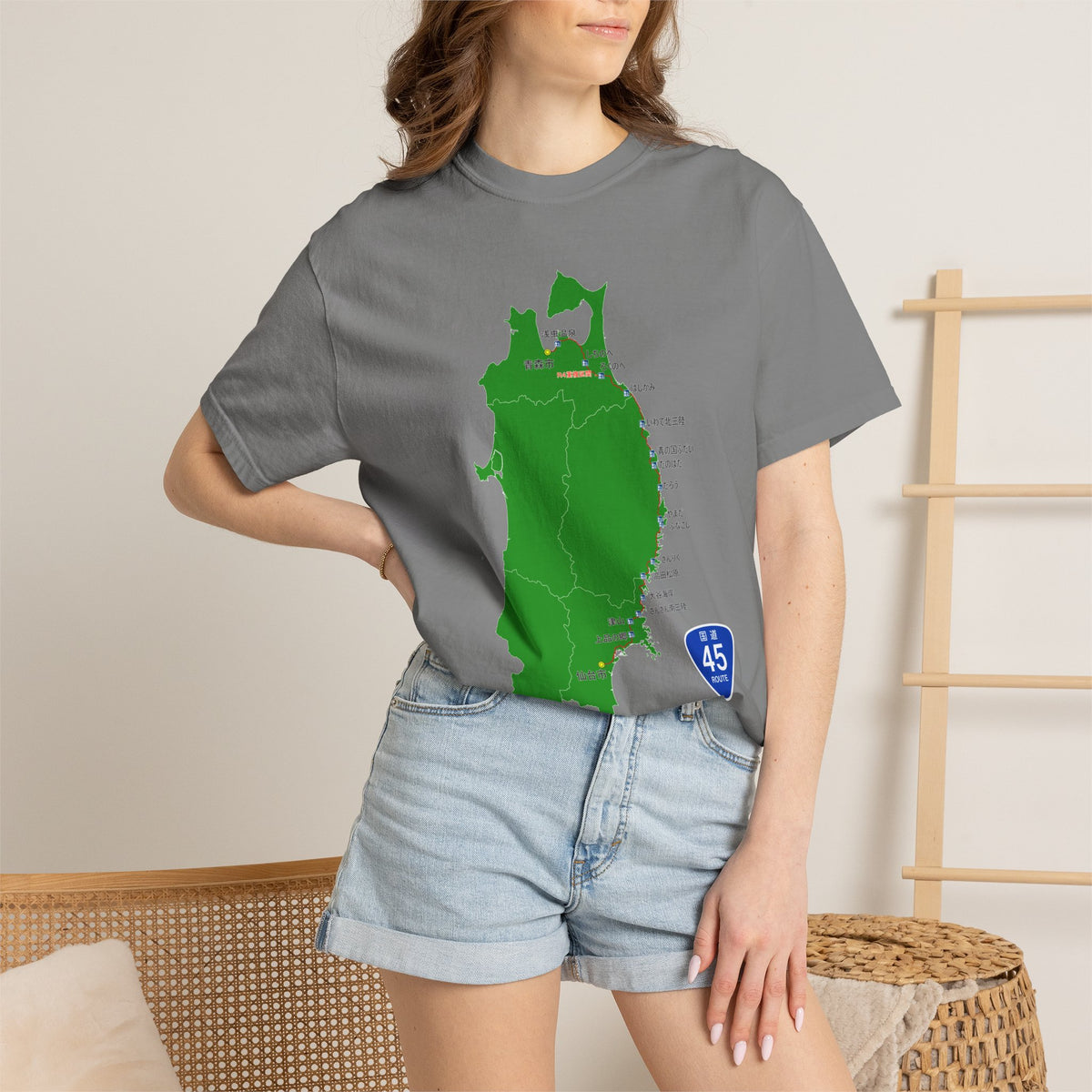 国道４５号線 仙台～青森ルートマップ Tシャツ｜震災復興｜ユニセックス コットンTシャツ