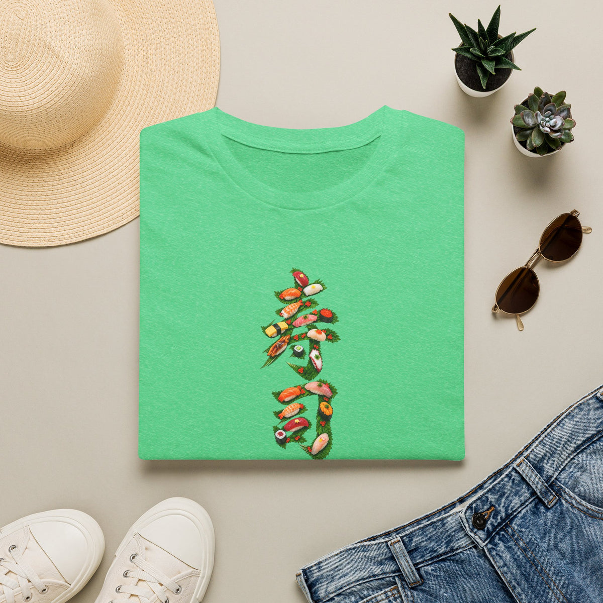 寿司 Sushi Kanji Art T-Shirt | Japanese Sushi & Shiso Leaf Design