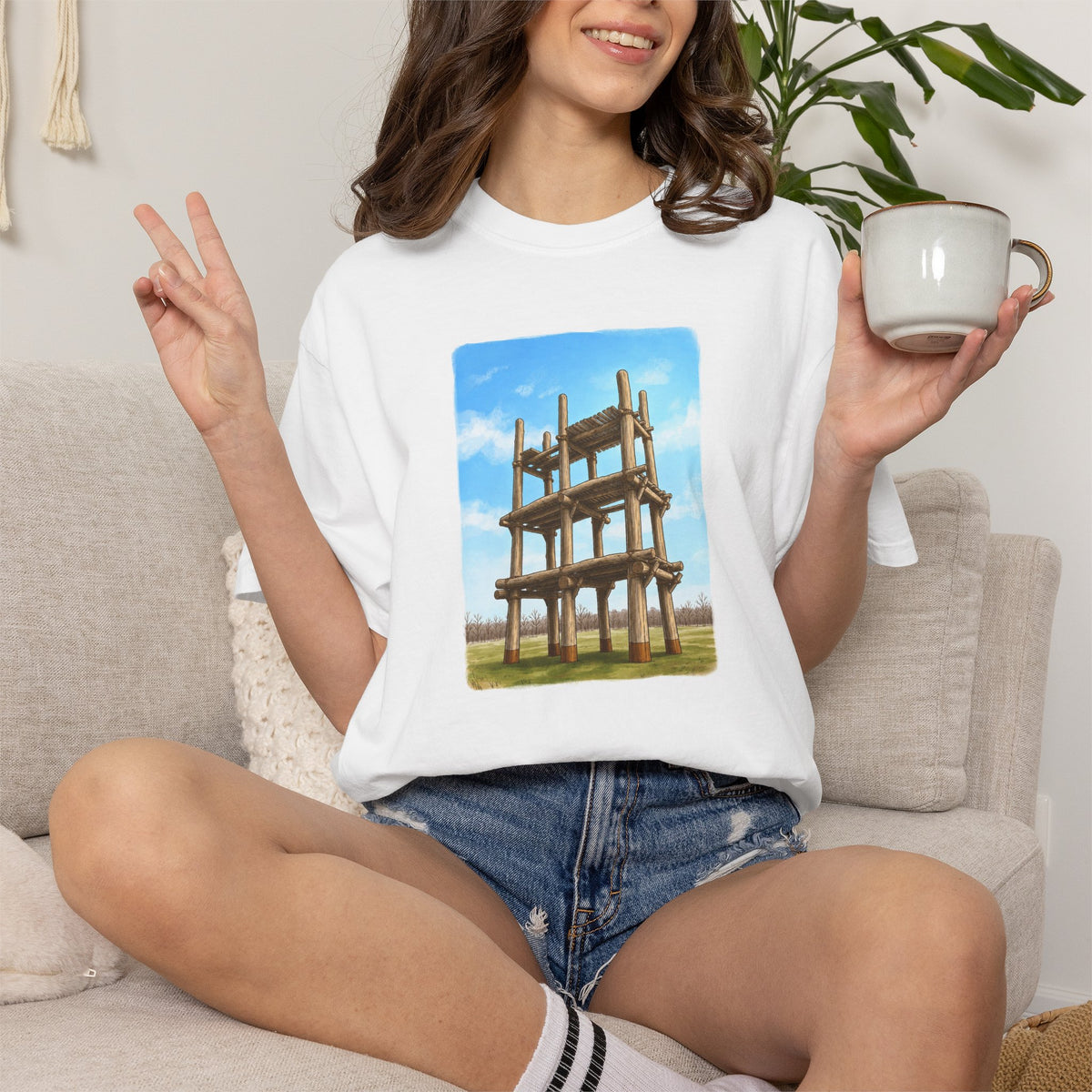 三内丸山遺跡 Tシャツ｜大型掘立柱建物｜縄文文化デザイン｜ユニセックス コットンTシャツ