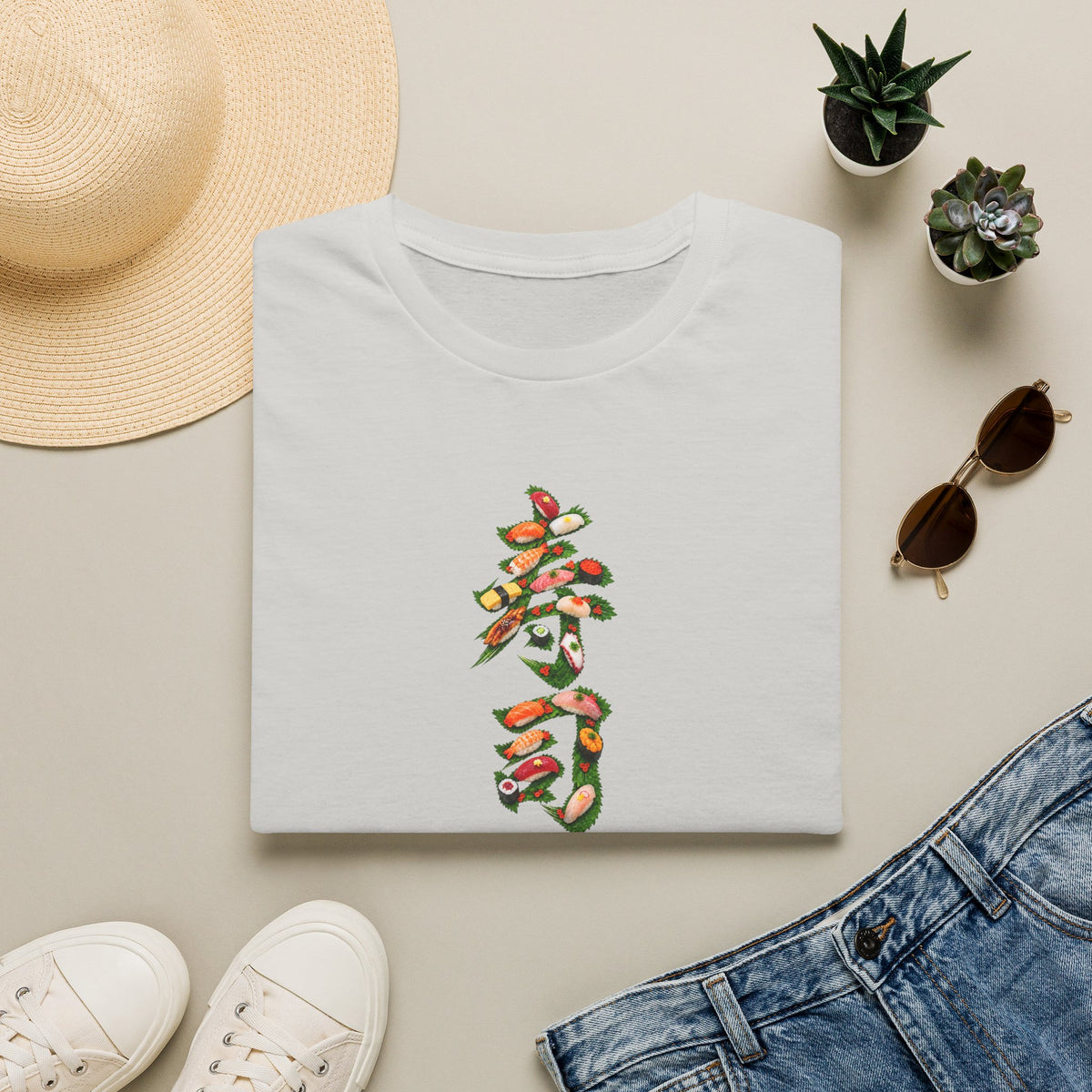 寿司 Sushi Kanji Art T-Shirt | Japanese Sushi & Shiso Leaf Design