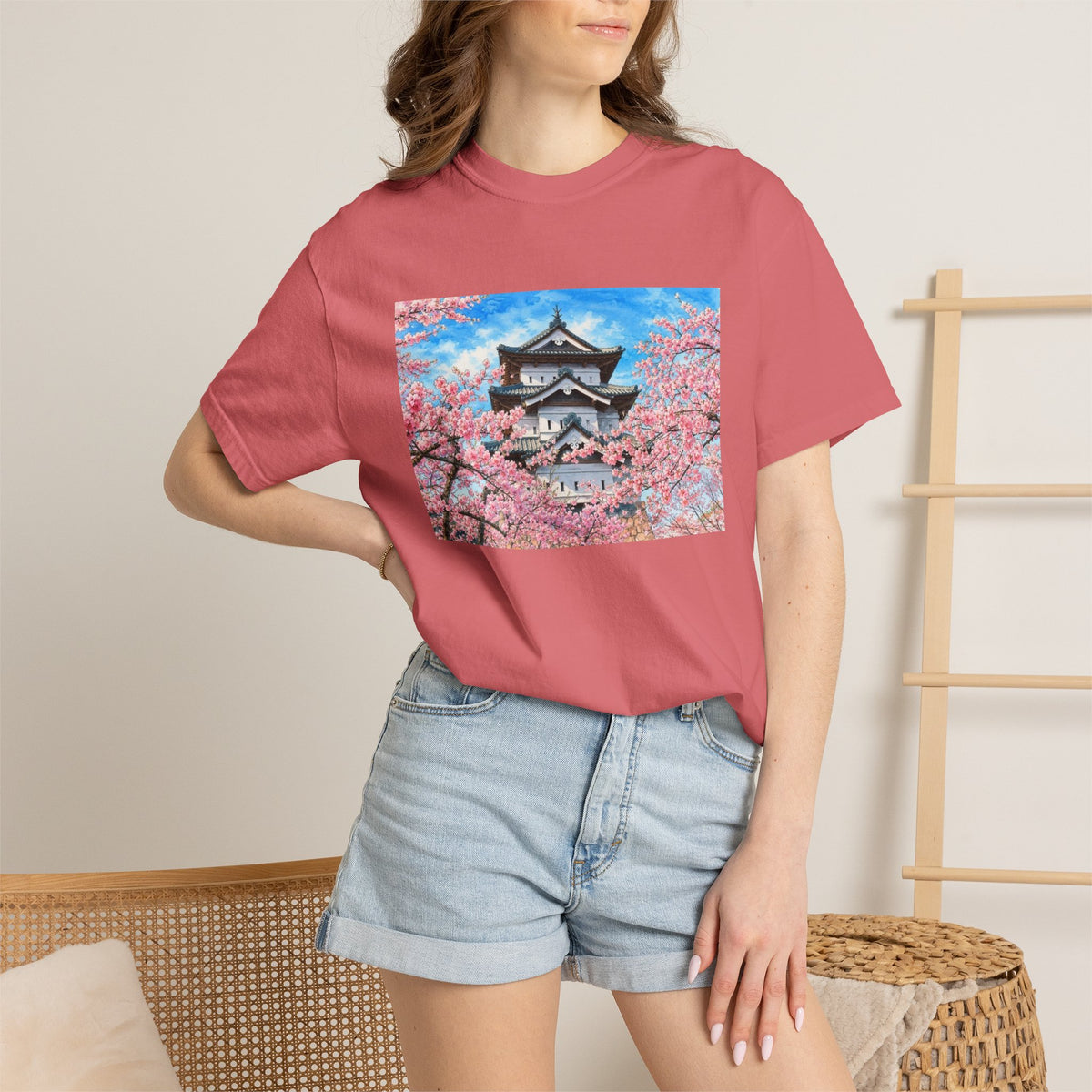 弘前城と桜 Tシャツ｜日本の春風景｜ユニセックス コットンTシャツ