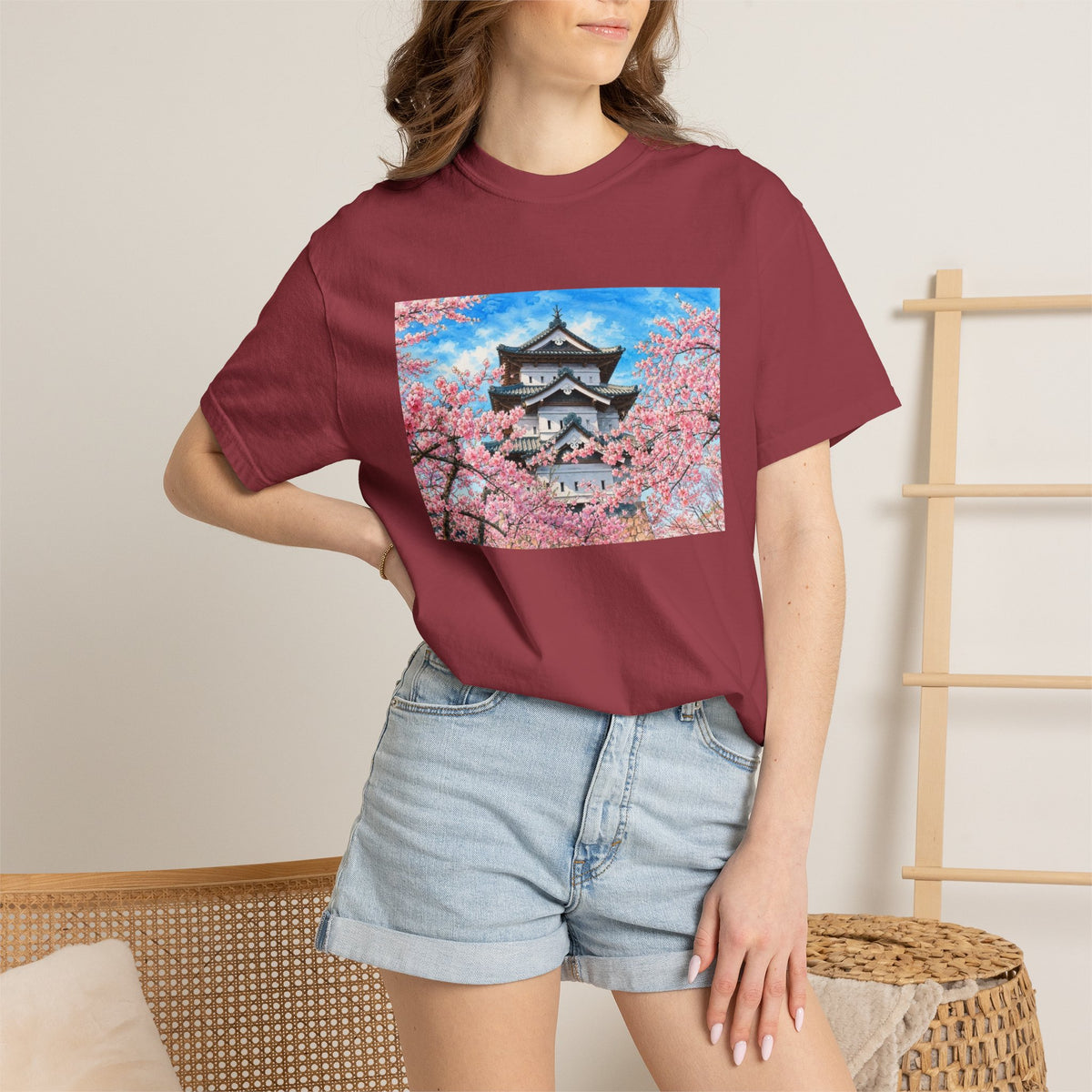 弘前城と桜 Tシャツ｜日本の春風景｜ユニセックス コットンTシャツ